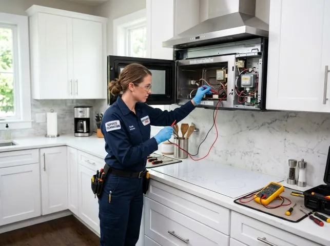 Appliance Repair Hero technician testing an over-the-range microwave in a Barrington, NJ kitchen